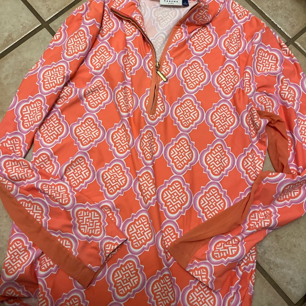Womens cabana life spf 50 swim Orange and Pink Patterned Quarter-Zip Pullover